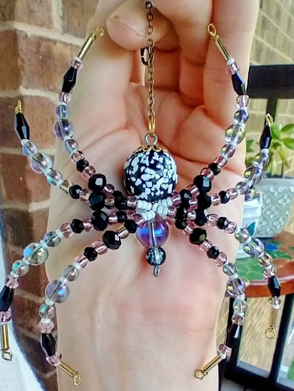 Handmade Beaded Spider Pendant Necklace - Black & Pink